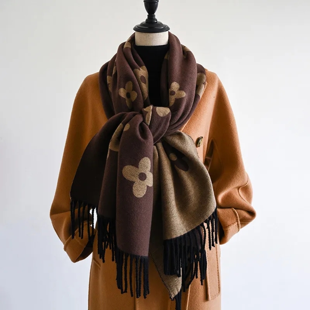 Elegant Floral Brown and Tan Scarf - Picture 3 of 3